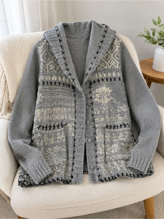 J. Jill Sweaters - J.Jill Hooded Fair Isle Cardigan Sweater Size Medium Gray Cream